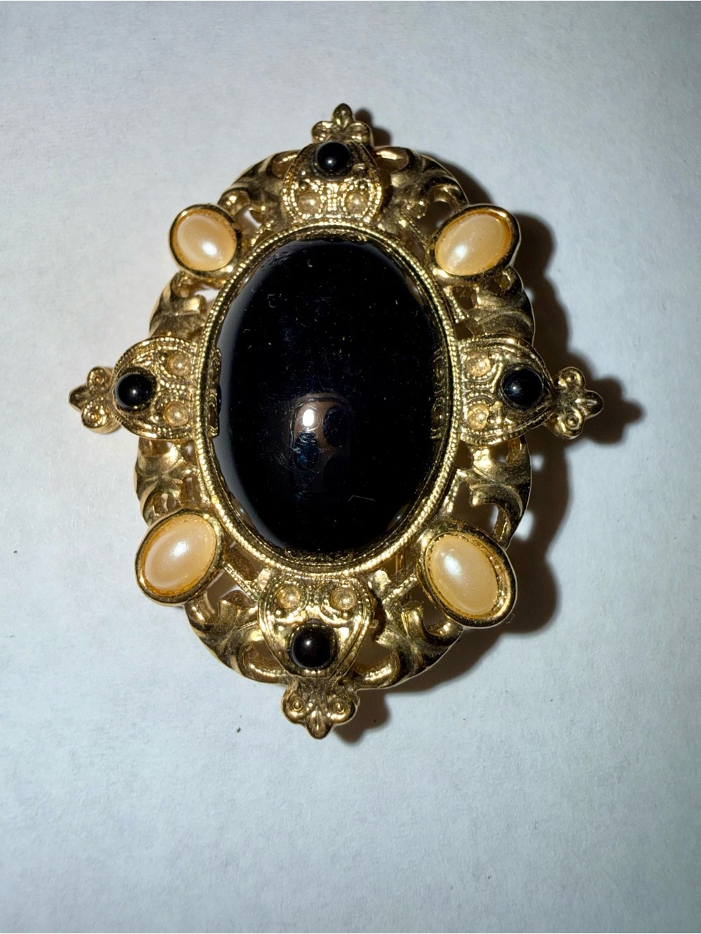 Gold-Tone Black Onyx and Cream Cabochon Statement Brooch